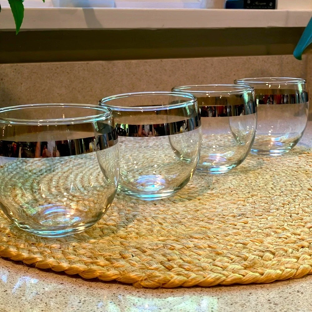 Set of (4) Vintage MCM Silver Stripe Roly Poly Glasses